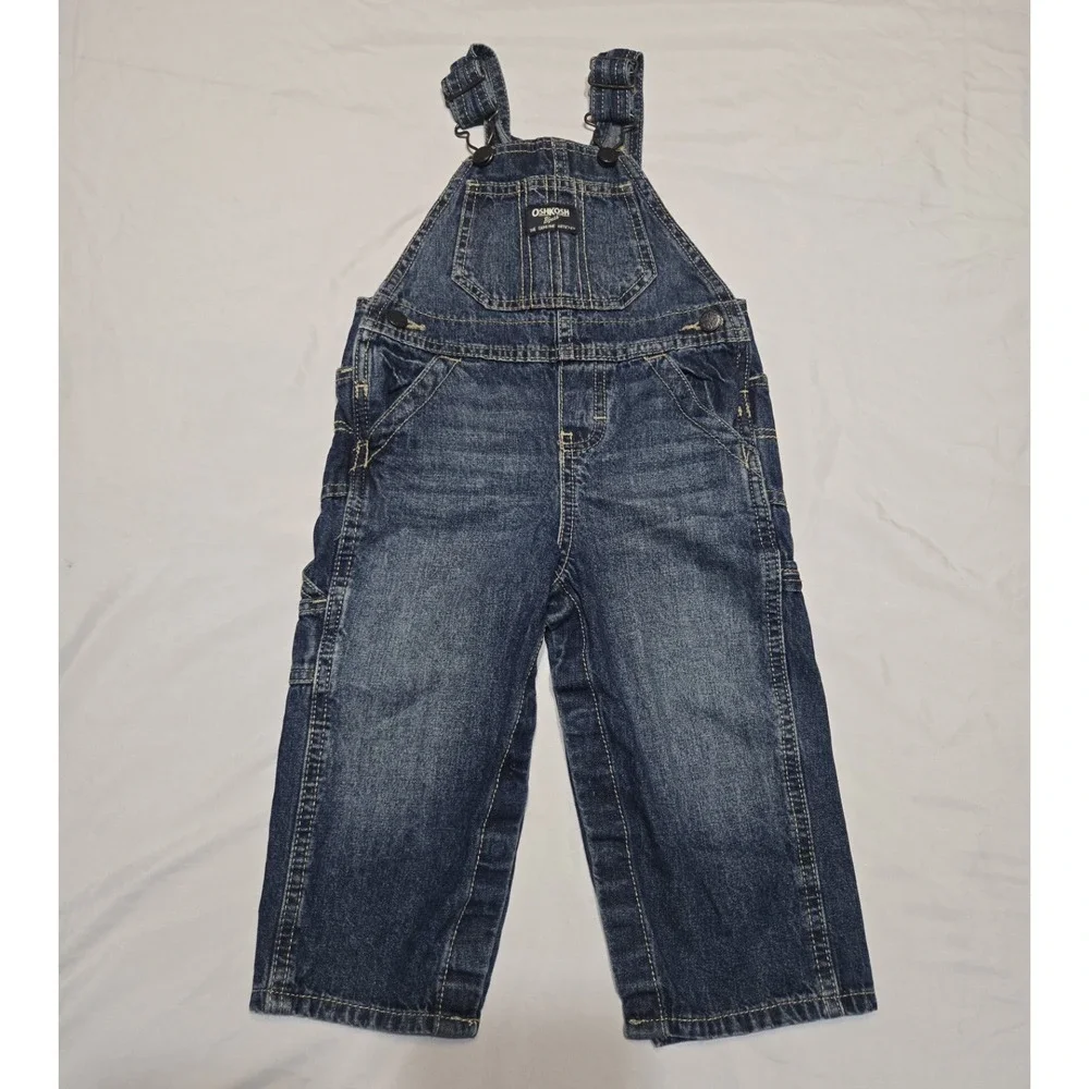 OshKosh B'gosh Boys 24 months Classic Overalls Blue Denim 100% Cotton Snap Legs